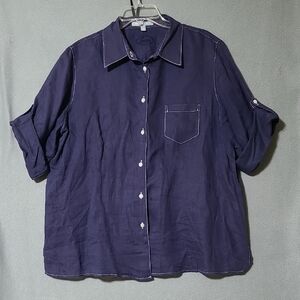 FOXCROFT Women's Navy Blue 100% Linen Casual Button Up Blouse - Size 16W